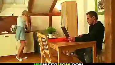 Very old skinny blonde mother rides son-in-law cock