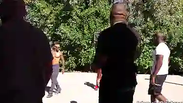 Romper-wearing teen in an interracial gang-bang