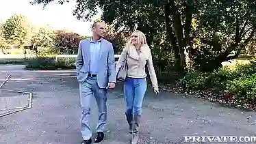 Seductive blonde lady, Amber Jayne got down and dirty with one of her business partners
