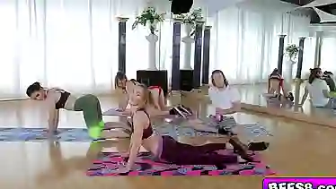 Yoga teens tag team for a huge cock