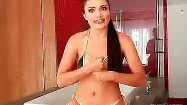 Small titted brunette, Adria Rae is kneeling on the floor and eagerly sucking a thick cock