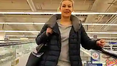 German Blonde in Black down Jacket Squirting