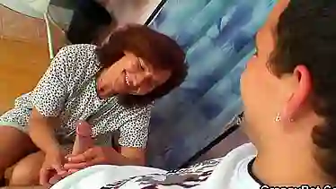 Clothed 70 years old granny rides young dick