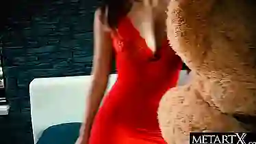 Sybil, the Euro Teen, strokes her shaved shaved pussy with her teddy bear