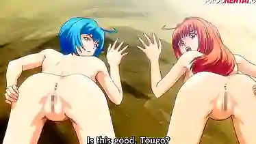 Enjoy the wildest threesome on the beach with subtitles and cumshots