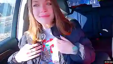 Petite Russian hitchhiker sucks and swallows for cash in public