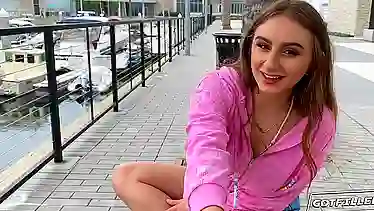 Hot babe with natural tits drops by for a creamy surprise