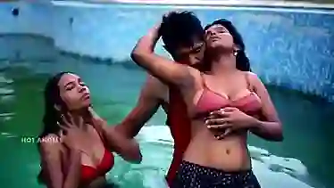 Husband Fucks his Wife and Friend in Pool in Threesome