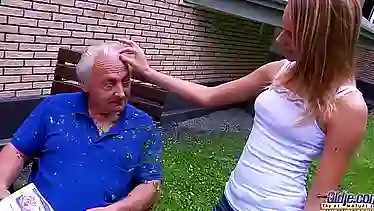 Grandpa fucks teen fingers her tight pussy fucks her mouth